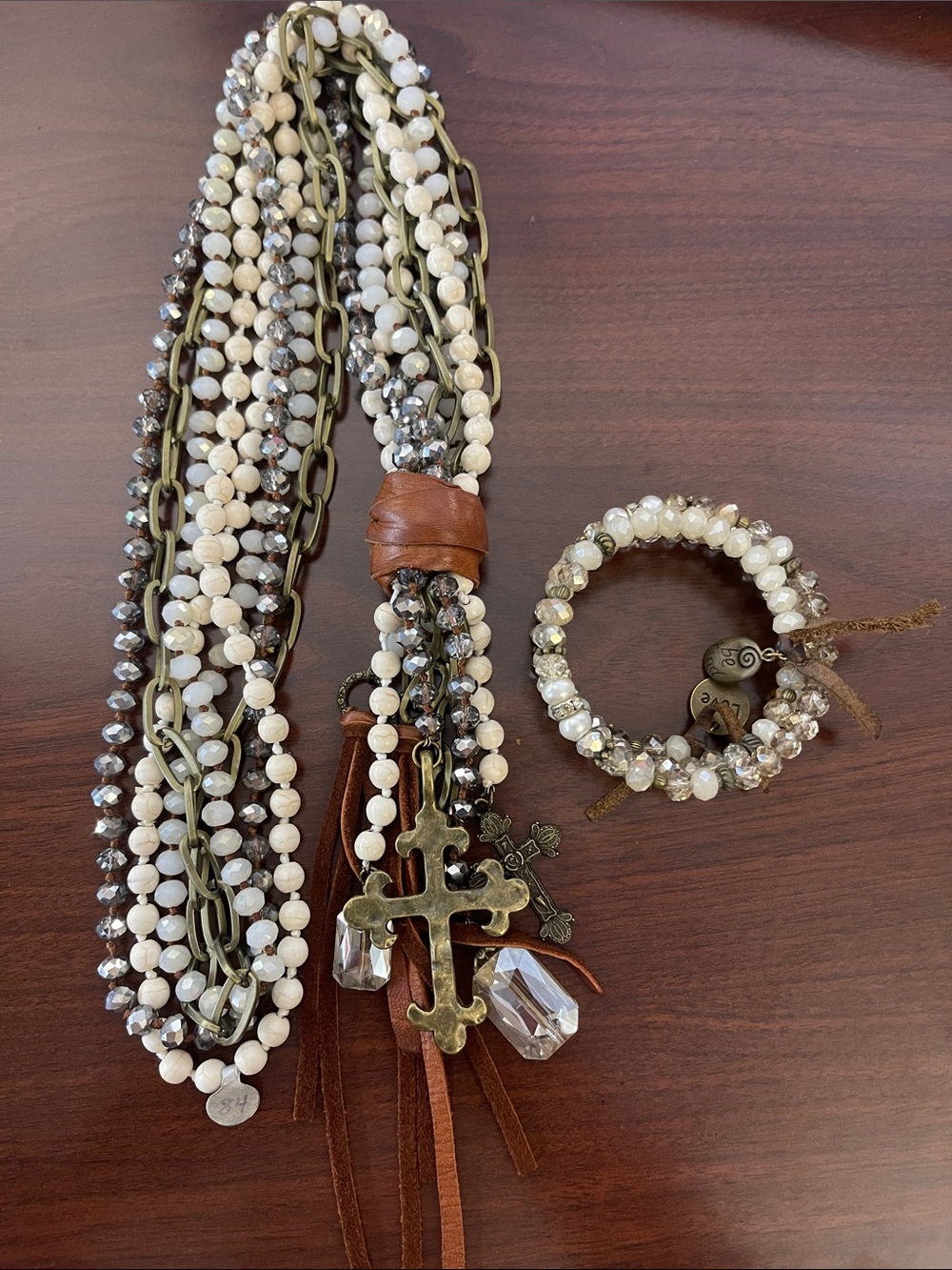Boutique Multi-Strand Cream, Bronze & Grey Cross Necklace (NWT) and Bracelet
